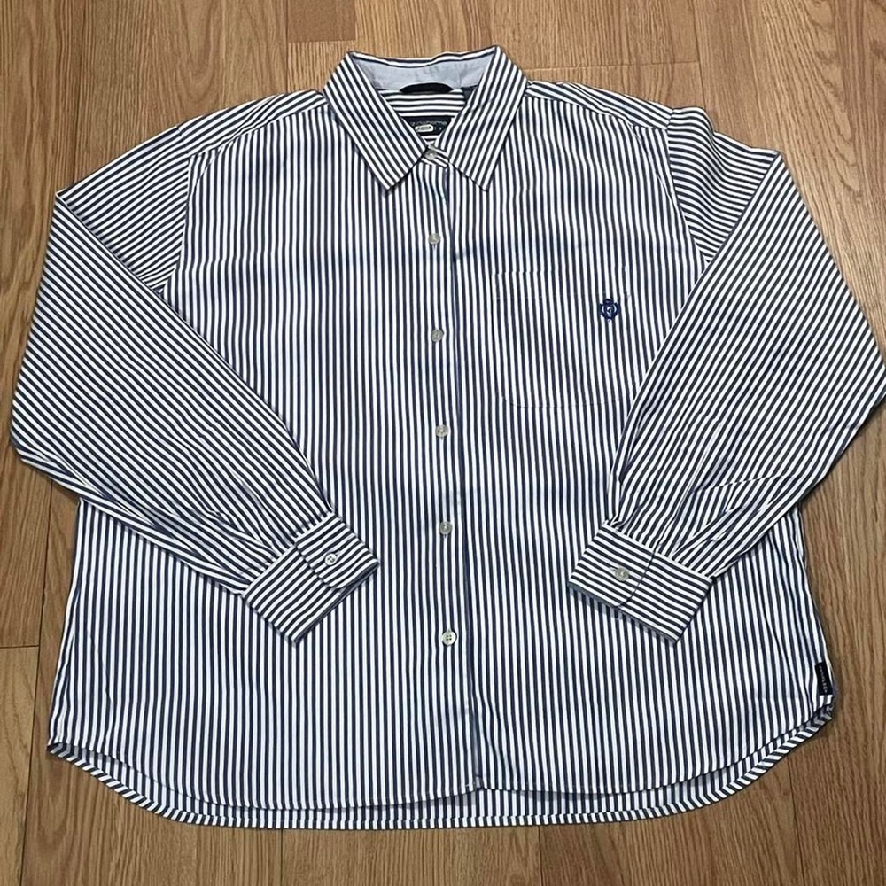 Liz Claiborne Women Large Long Sleeve Button Up Shirt Blouse Blue White Striped
